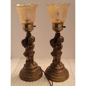 Vintage Cast Brass Cherub Table Lamps W/ Amber Glass Shades Accurate Cast USA